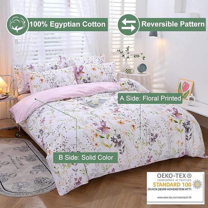 URBONUR Egyptian Cotton Percale Weave Botanical Floral Duvet Cover Set, Soft Silky Crisp & Cooling (1 Duvet Cover, 2 Pillow Cases)