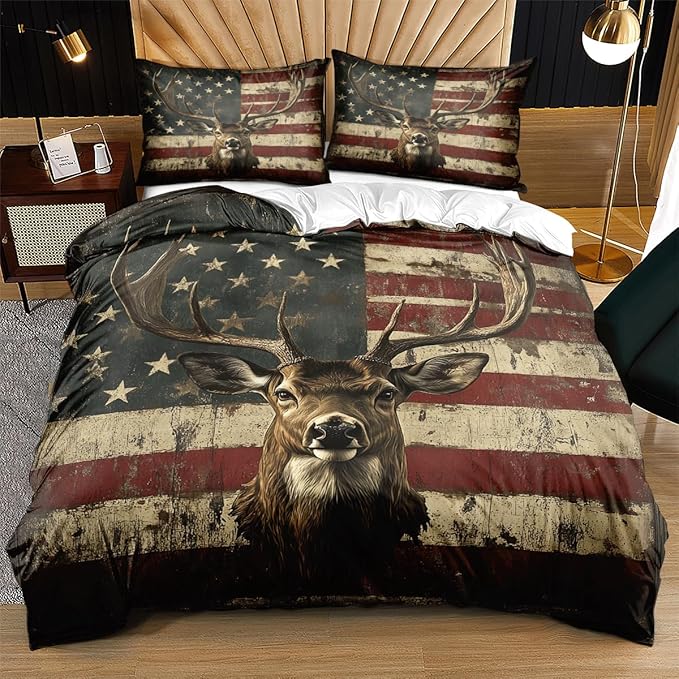 Deer Twin Duvet Cover Sets,Deer and American Flag Bedding Sets for Hunter Bedroom Decor, 1 Duvet Cover 2 Pillowcases Comforter Cover for Adult Teen boy,Twin