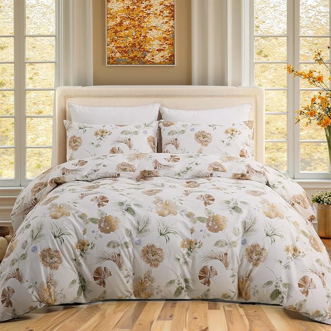 Floral Duvet Cover King Size 100% Cotton Duvet Cover Set Khaki and Green Floral Duvet Cover with Zipper Closure & Corner Ties 3 Pcs Soft & Breathable Comforter Cover Sets