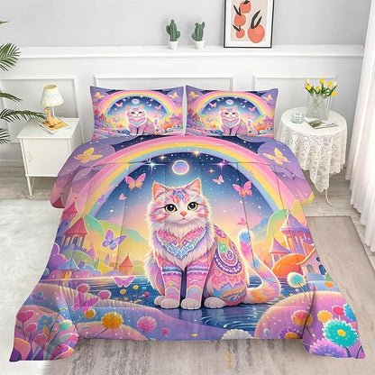 Cat Comforter Set Full: Rainbow Exotic Cat Bedding Set Kawaii Colorful Kitten Quilts Pet Feline Flowers Castle Bed Sets for Teens Girls Kids Women 1 Comforter & 2 Pillowcases