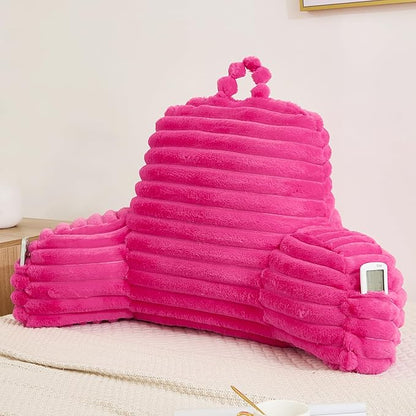 Faux Fur Fluffy Hot Pink Reading Pillow with Pockets, Luxury Striped Plush Decorative, Arm Rests and Back Support for Bed Rest, Lounging on Sofa, Extra Large Size for Adult.