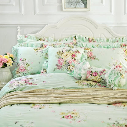 FADFAY Green Floral Duvet Cover Sets Vintage Flower Printed Bedding Ultra Soft 100% Cotton Designer Bedding Set 3 Pieces, 1duvet Cover & 2pillowcases (Twin Size, Ruffle Style)