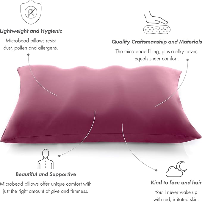 PILLOWY Premium Microbead Bed Pillow, X-Large Extra Fluffy But Supportive - Ultra Comfortable Sleep with Silk Like Anti Aging Cover 85% Spandex/ 15% Nylon Breathable, Cooling Burgundy Merlot