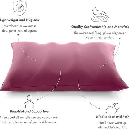 PILLOWY Premium Microbead Bed Pillow, X-Large Extra Fluffy But Supportive - Ultra Comfortable Sleep with Silk Like Anti Aging Cover 85% Spandex/ 15% Nylon Breathable, Cooling Burgundy Merlot