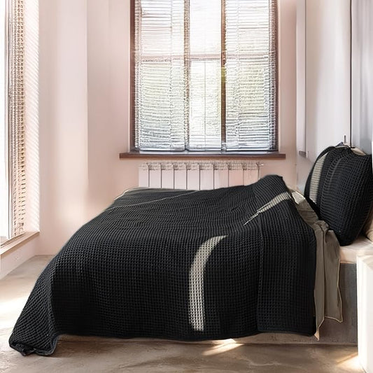 Premium Waffle Blanket Twin Size Black - Premium Quality, 100% Turkish Cotton, Light and Airy Waffle Weave All-Season Quilt - Luxury Decorative Bedspread (Black, Twin 63" x 91" Inch)