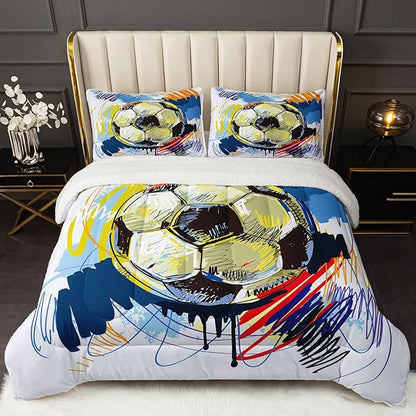 QOOMO Boys Sports Bedding - Twin Size Sherpa Fleece Comforter Set with 1 Comforter 2 Pillowcases - Football Graffiti Style