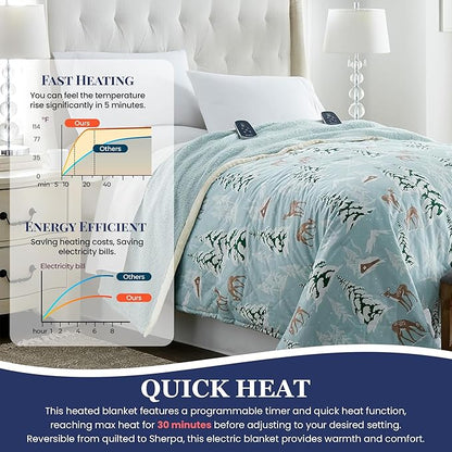 Thermee Micro Flannel Heated Blanket with Sherpa Back, 10-Setting Programmable Electric Blanket, Ultra-Soft Heated Throw - Queen Size, Winter Landscapes