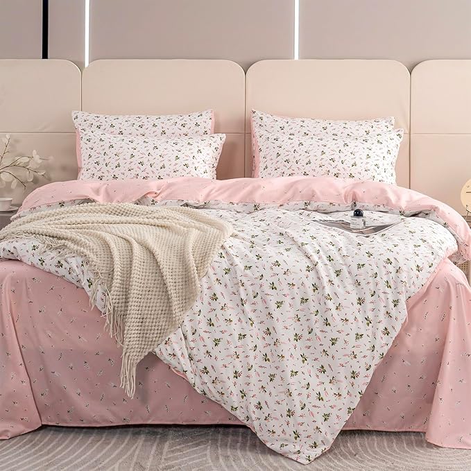 Queen Floral Duvet Cover Set, 100% Brushed Microfiber, 3 Pieces, Fresh Chic Garden Style, Pink Botanical Flower Print, Zipper Closure, Queen Size