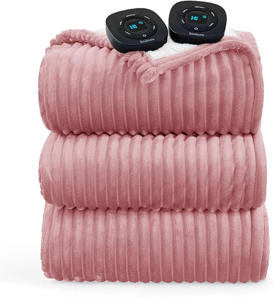 Bedsure GentleSoft Electric Blanket Queen Size - Soft Ribbed Flannel Heated Blanket with Dual Control, Heating with 10 Heat Settings, 10 Time Settings, 8 hrs Timer Auto Shut Off (84"x90", Pink)