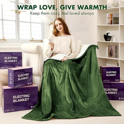 Electric Heated Blanket Twin 62" x 84" - Soft Flannel Sherpa Electric Blanket with 5 Heating Levels & 10 Hours Auto Off, Heating Blanket Twin as a Gift for Grandma and ETL Certified (Green)