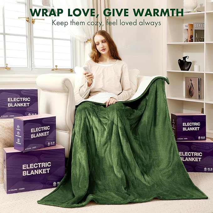 Full Size Electric Blanket 72" x 84" - Fluffy Ultra Soft Flannel Full Heated Blanket with 6 Heating Levels & 10 Hours Adjustable Timer, Fast Heating and Electric Blanket for Office (Green)