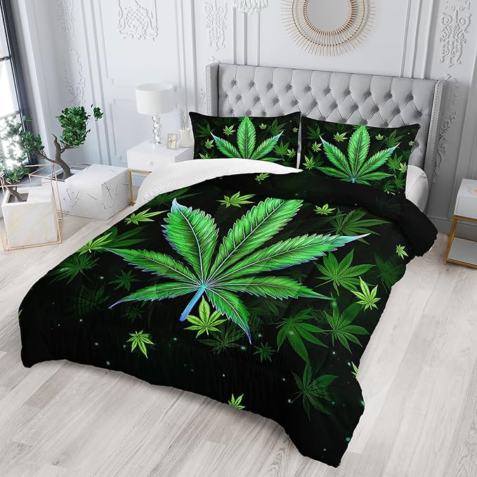 Green Marijuana Leaf Themed Comforter 3Pcs Queen Bright Weed Leaves Herb Botanical Bedding Set for Kid Teen Girl Boy Adult Room Decor Cannabis Leaves Quilt with 1 Comforter and 2 Pillowcases