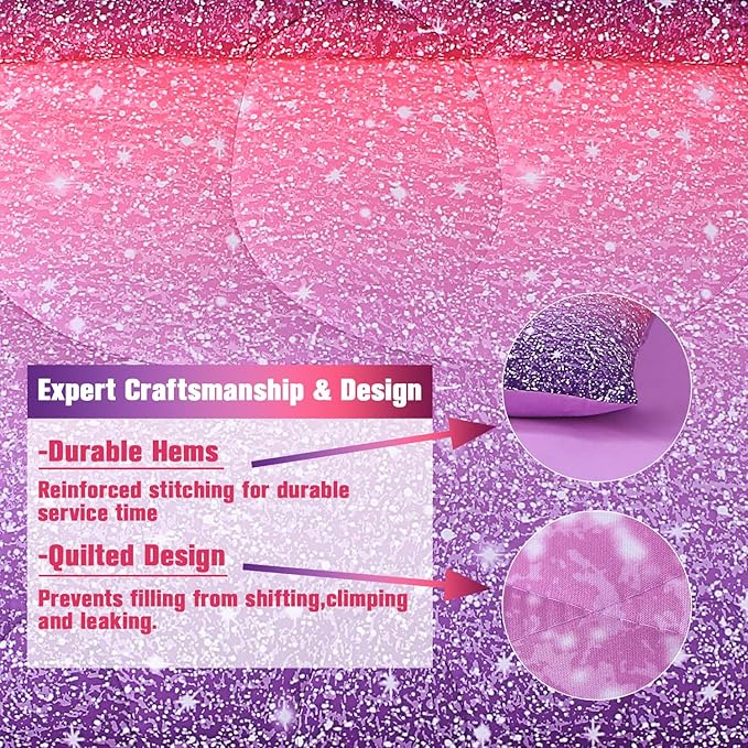 6Pcs Glitter Comforter Set with Sheets for Teens Girls Kids, Colorful Gradient Glitter Themed Bed in a Bag Twin Size, Pink Purple 3D Sparkly Galaxy Bedroom Decor Bedding Set