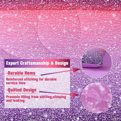 6Pcs Glitter Comforter Set with Sheets for Teens Girls Kids, Colorful Gradient Glitter Themed Bed in a Bag Twin Size, Pink Purple 3D Sparkly Galaxy Bedroom Decor Bedding Set