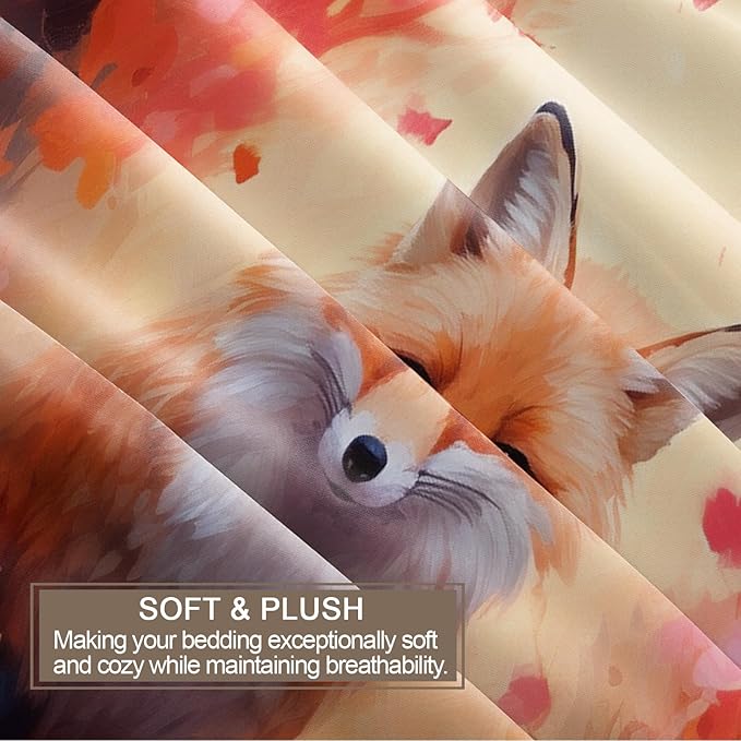 Fox Print Duvet Cover Queen Size, Maple Jungle Red Fox Bedding Set 3 Piece Bedroom Decor Vintage Animal Floral Comforter Cover and 2 Pillow Sham with Zipper Closure