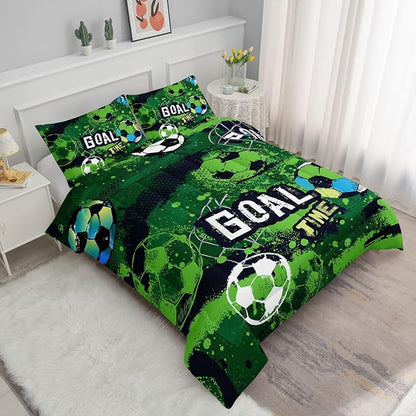 Soccer Comforter Set Sport Themed Green Printed Bedding Set with 1 Comforter and 2 Pillowcases for Boys and Girls Bedroom All Season(Soccer Full)