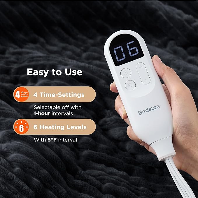 Bedsure GentleSoft Heated Blanket Throw - Soft Ribbed Flannel Electric Blanket, Heating with 4 Time Settings, 6 Heat Settings, and 3 hrs Timer Auto Shut Off, Gifts for Grandma (50x60 inches, Black)