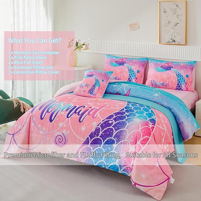 RYNGHIPY Mermaid Kids Girls Comforter Set Queen Size Pink Blue Gradient Fish Tail Bed in a Bag - Includes Comforter & Sheet Set for Teens Girls Super Soft Kids Bedding