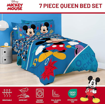 Jay Franco Kids Comforter Set Includes Sheets and Pillow Covers - Soft and Cozy Bed Set for Stylish Room Decor, Blue - Mickey Mouse, 7 Queen Piece Bedding