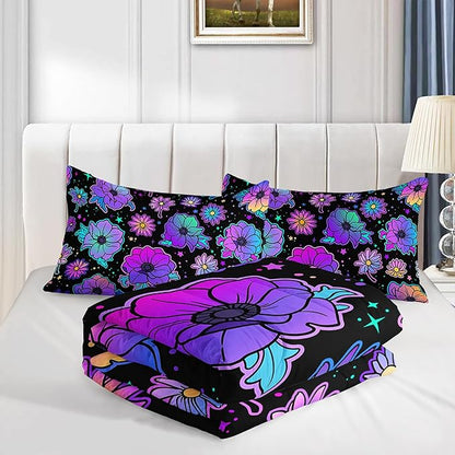 Axolotl Neon Floral Bedding Set King,Gradient Floral Comforter Set for Girls,Colorful Flower Bedding Stars,Galaxy Series Comforter for Kids Boys Girls Teens Adults,1 Quilt 2 Pillowcases,Black