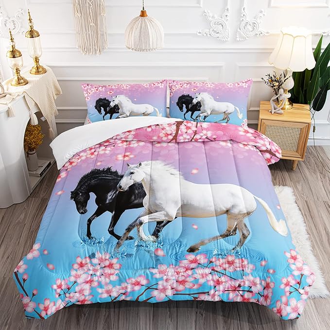 Kid Horse Comforter Set Twin Floral Animal Theme Handsome Horse Chic Cherry Blossom Bedding Set 3D Wild Animal Decor Quilt Set for Girls Adult, 1 Comforter + 2 Pillowcases