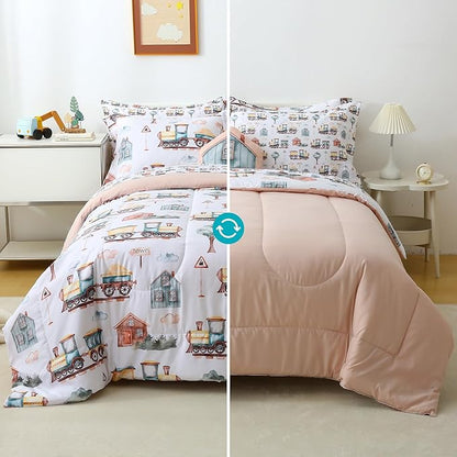 Mooreeke Kids Twin Comforter Sets for Boys 6 Pieces Train Bedding Set for Teens Microfiber Country Train Town Kids Bed in A Bag with Comforter, Sheet Set, Shams and Decorative Toy Pillow All Season