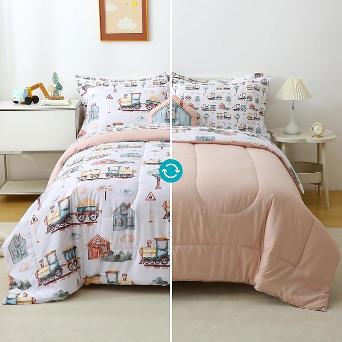 Mooreeke Kids Full Comforter Sets for Boys 8 Pieces Train Bedding Set for Teens Microfiber Country Train Town Kids Bed in A Bag with Comforter, Sheet Set, Shams and Decorative Toy Pillow All Season