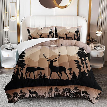 Cute Deer Comforter Set for Kids Boys Girls Child, Deer Tree Print Comforter Set Queen Size, 3 Pieces Lightweight Vintage Brown Elk Lovers Comforter with 2 Pillow Shams for All Seasons
