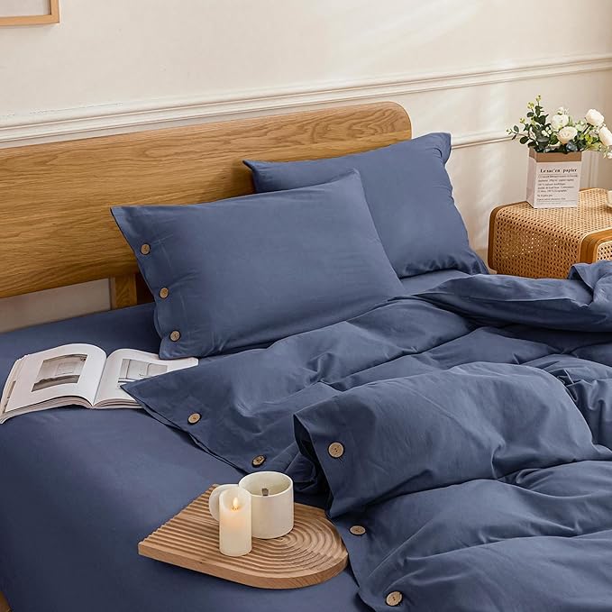 JELLYMONI Cotton Duvet Cover Cal King Size - Blue Comforter Cover with Button 100% Washed Cotton 3PCS Breathable Soft Solid Bedding Set Duvet Cover 104×98in & 2 Pillowcases (NO Comforter)
