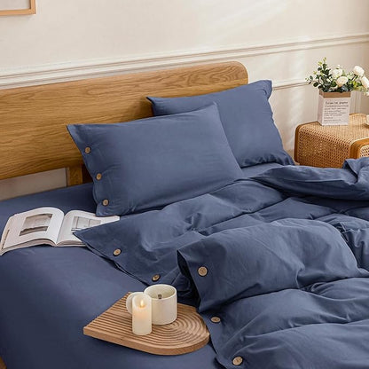 JELLYMONI Cotton Duvet Cover Cal King Size - Blue Comforter Cover with Button 100% Washed Cotton 3PCS Breathable Soft Solid Bedding Set Duvet Cover 104×98in & 2 Pillowcases (NO Comforter)