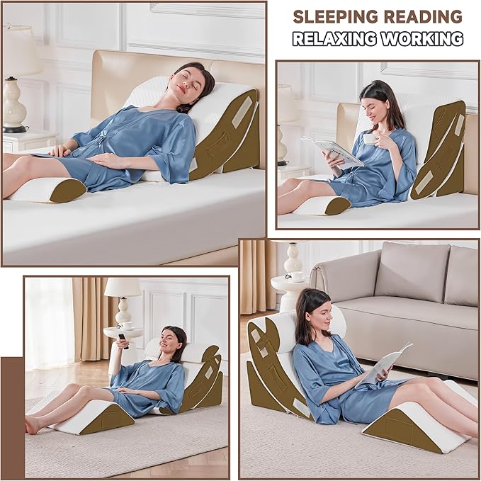 Yojoker 4PCS Orthopedic Bed Wedge Pillow Set for Sleeping, Post Surgery Foam Pillow for Body, Back and Leg Pain Relief, Triangle Adjustable Support Pillow - Acid Reflux Sleeping Pillows Brown