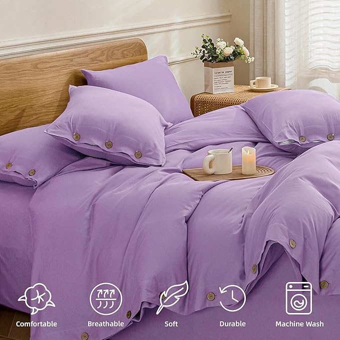 JELLYMONI Cotton Duvet Cover King Size - Light Purple Comforter Cover with Button 100% Washed Cotton 3PCS Breathable Soft Solid Bedding Set Duvet Cover 104×90in & 2 Pillowcases (NO Comforter)
