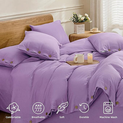 JELLYMONI Cotton Duvet Cover Queen Size - Light Purple Comforter Cover with Button 100% Washed Cotton 3PCS Breathable Soft Solid Bedding Set Duvet Cover 90×90in & 2 Pillowcases (NO Comforter)