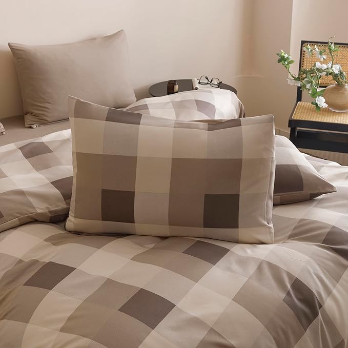Wellboo Beige Plaid Comforter Sets Full Size Light Brown and Taupe Checkered Bedding Comforters Modern Khaki Grid Quilt Blankets Women Men Beige Checkerboard Bedding Soft Luxurious Geometric Bed