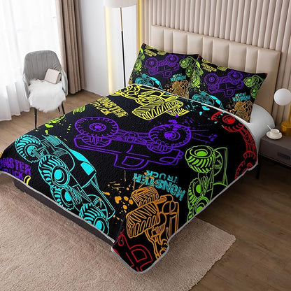 QOOMO Truck Quilt Set King Size,Car Bedspread Coverlet Set,Vehicle 3Pcs Bedding Set Printed Quilt with 2 Pillowcases,Soft and Lightweight,for All Seasons