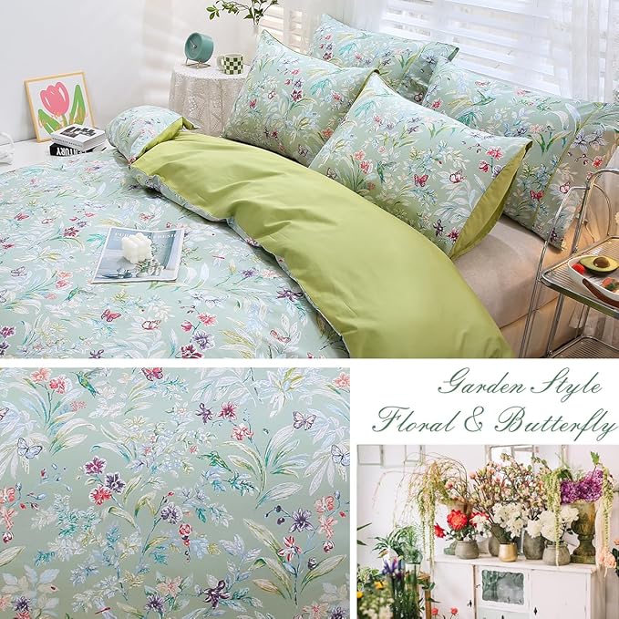URBONUR Green Floral Duvet Cover Set Full Size 100% Egyptian Cotton Percale Bedding Set Farmhouse Butterfly Print Comforter Cover with Button Closure (3Pcs, Full)