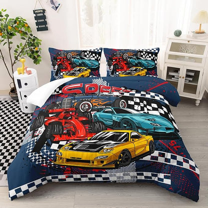 AILONEN Racing Car Comforter Set Queen Size, Cool Speed Race Car Bedding Sets for Kids Boys,Automobile Extreme Sport Duvet Set,Checkered Squares Quilt Set,3 Pieces,1 Quilt and 2 Pillowcases,Microfibre