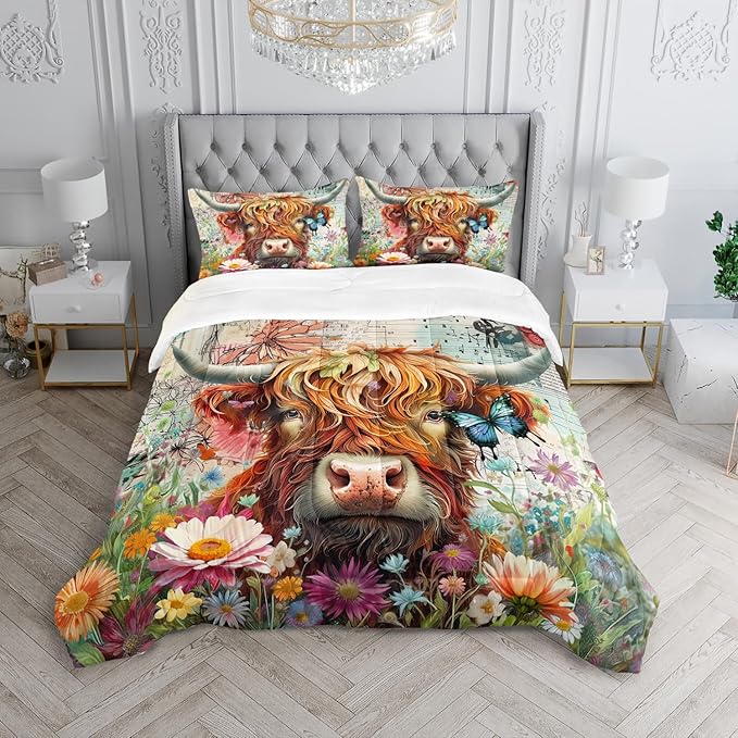 Cow Bedding Funny Animal Themed Comforter 3Pcs Twin Colorful Flower Cattle Print Comforter Set for Kids Teens Girls Boys Butterfly Bedroom Bed Decor with 1 Comforter and 2 Pillowcases