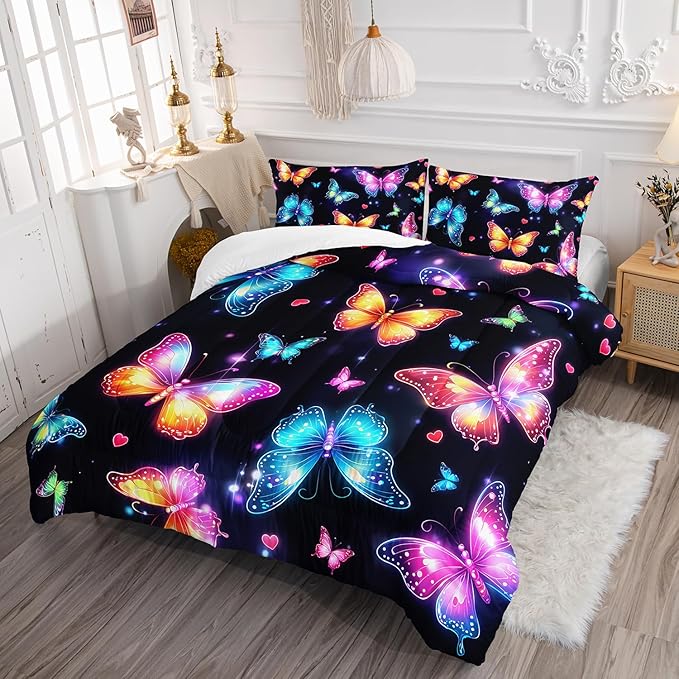 Colorful Gradient Butterfly Comforter 3Pcs Full Tie-Dye Heart Pattern Bedding Set for Kid Teen Girl Boy Adult Sparkling Aesthetics Butterfly Quilt Bed Decor with 1 Comforter and 2 Pillowcases