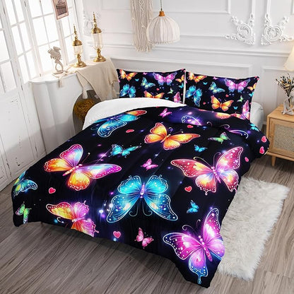 Colorful Gradient Butterfly Comforter 3Pcs Full Tie-Dye Heart Pattern Bedding Set for Kid Teen Girl Boy Adult Sparkling Aesthetics Butterfly Quilt Bed Decor with 1 Comforter and 2 Pillowcases