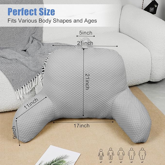 Reading Pillow, Silk Back Support Pillow for Bed Sitting Up, Large Bed Rest Pillow with Arms for Adults,Back Support Pillow for Couch and Chair, Grey