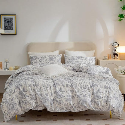 White King Duvet Cover Flowers, 100% Brushed Microfiber Chic Floral Leaves Print Bedding Set1 Duvet Cover and 2 Pillowcases with Zipper Closure & 4 Corner Ties