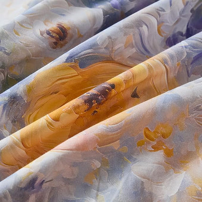 100% Cotton Duvet Cover King Size – Impressionist Natural Yellow & Blue Floral Duvet Cover Set with Zipper Closure, 3-Piece Soft Breathable Durable Percale Cotton Bedding Set for All Seasons