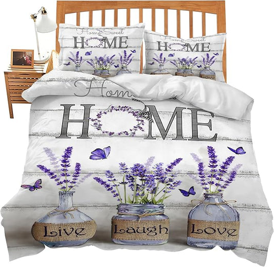 Lavender Theme 3 Pieces Duvet Cover Comforter Set with 2 Pillowcase Full Size Purple Flower Bed Sheet Quilt Bedroom Bedding for Lover Kids