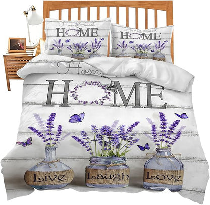 Lavender Theme 3 Pieces Duvet Cover Comforter Set with 2 Pillowcase Twin Size Purple Flower Bed Sheet Quilt Bedroom Bedding for Lover Kids