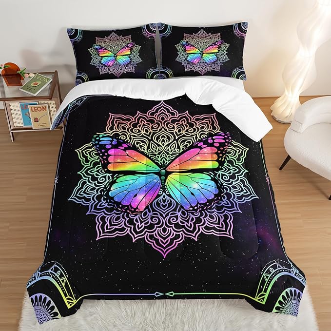 HOSIMA Butterfly Bedding for Girls,Mandala Full Size Bed in a Bag - Colorful Butterfly Design,Galaxy Bedding Set for Beds,Microfiber Star Comforter with 2 Pillowcases,Dorm Room Essentials.