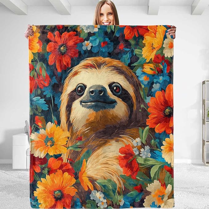 Adorable Sloth Floral Blanket,Decorative Throw with Cute Animal and Colorful Flower,Lightweight Flannel Blankets for Picnic,Sofa,Bed,Travel,Ideal Gifts for Kids Adults 50"x60"