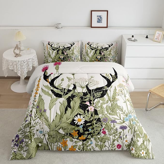 Feelyou Deer Antler Comforter Set Farmhouse Wild Deer Bedding Bed Set for Kids Boys Girls Rustic Decor Retro Wild Animal Comforter Wildflower Quilt with 1 Pillowcase 2Pcs Bedding Twin Boys