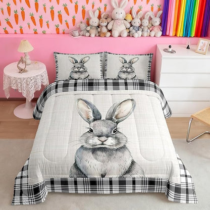 Castle Fairy Cute Rabbit Pattern Comforter Set,Black White Grid Stripes Bedding Set for Kids Girls Women,Adults Lovely Animal Comforter,Farmhouse Quilted Duvet Set Bedroom Collection Twin Size 2Pcs