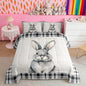 Castle Fairy Cute Rabbit Pattern Comforter Set,Black White Grid Stripes Bedding Set for Kids Girls Women,Adults Lovely Animal Comforter,Farmhouse Quilted Duvet Set Bedroom Collection Twin Size 2Pcs